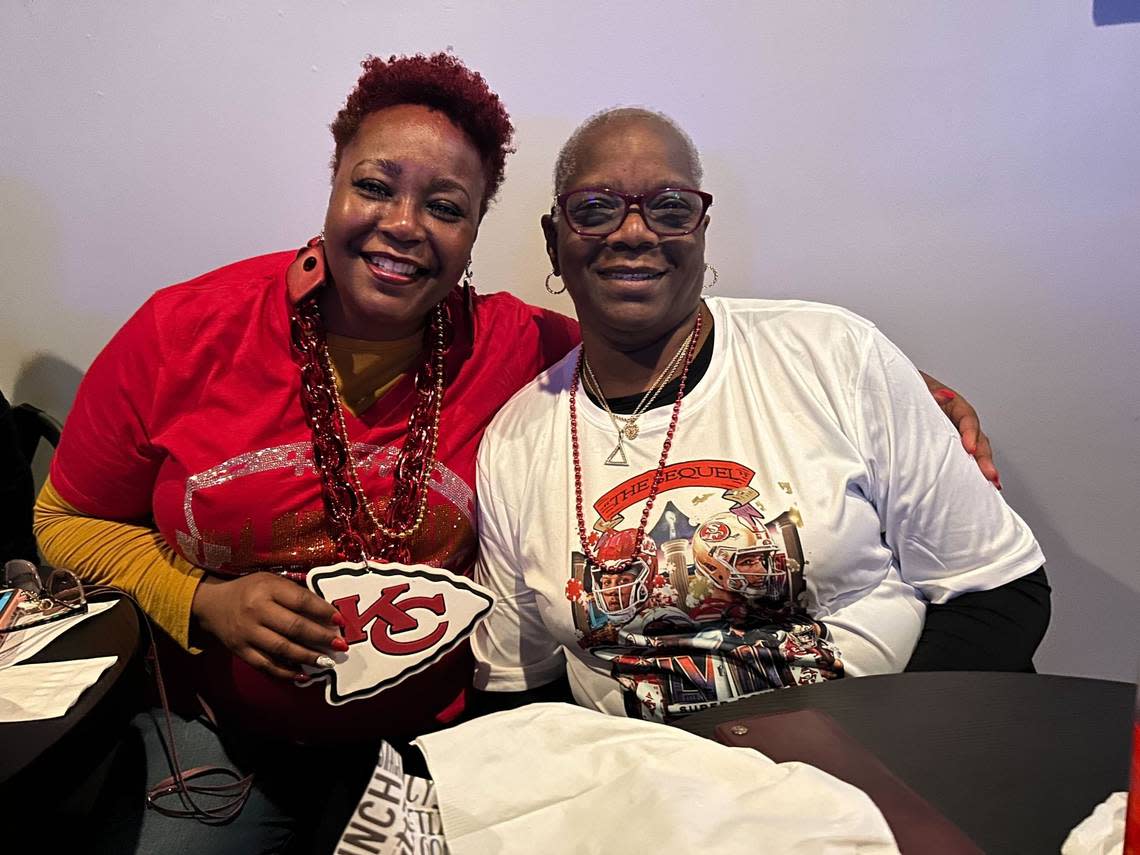 Dee Potts, left, and Felicia Nelson are travled from the Kansas City area to see the Chiefs take on the 49ers in Las Vegas for the Super Bowl.