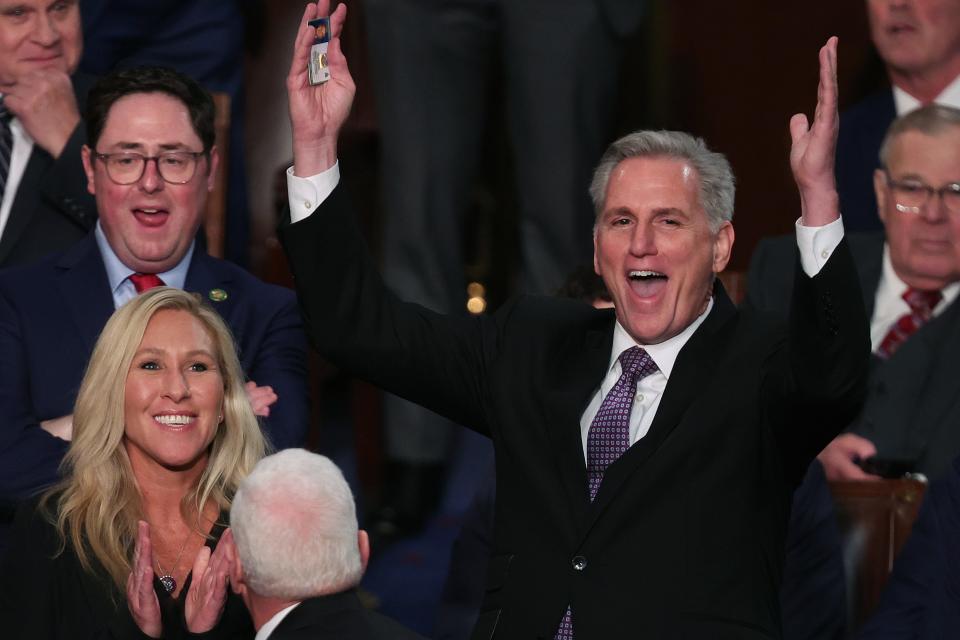 House Republican leader Kevin McCarthy (R-CA) reacts during a vote to adjourn following a day of votes for the new Speaker of the House at the U.S. Capitol on Jan 4, 2023, in Washington, DC. The House of Representatives is attempting to elect the next Speaker after House after McCarthy failed to earn more than 218 votes on six ballots over two days, the first time in 100 years that the Speaker was not elected on the first ballot.