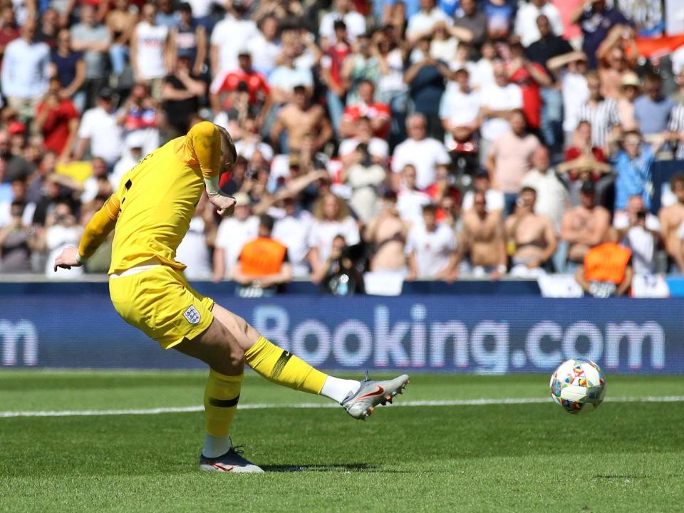 Jordan Pickford has admitted he was nervous as he stepped up to score a penalty for the first time in a competitive game as England beat Switzerland in a shootout to finish third in the Nations League.Three days on from losing their semi-final to the Netherlands due to two defensive gifts and a narrow offside call, the Three Lions returned to a far quieter Estadio D Afonso Henriques for Sunday's battle for bronze.Callum Wilson thought he had grabbed a late winner ruled until the video assistant referee intervened in Guimaraes, where England dominated throughout only for the match to end 0-0 after 120 minutes.The match went to spot-kicks and Pickford came into his own in the shootout, denying Josip Drmic in sudden death after scoring his own spot-kick as the Three Lions won 6-5 on penalties.When asked why he took a spot-kick, Pickford said: "We practice them when there's a major competition or the Nations League, we practice them consistently."I picked my spot and I always seem to be able to get a goal, but I've never taken one in a real game so I was a bit nervous."I think we took (off) Harry Kane and some of the other lads who take penalties so I wasn't sure where I was in the pecking order, but it's what you practice for, you practice all the time to make sure you make it easier on the day."When asked about his penalty technique, Pickford replied: "It's all about routine I would say, if you watch the top penalty takers. Harry Kane he's got his own routine, so you've got to create your own routine to make sure everything's done to perfection."The Everton goalkeeper believes the result just days after the disappointment of the semi-final defeat shows the character of this Three Lions squad."It was a very tough game and I think our character to get through 120 minutes on Thursday and to have to go through another tough game today, 120 minutes and penalties," he added,"We showed character and belief again and sometimes it's hard to get up for a game like this but it just shows us where we want to go and how we get better as a team and bounce back."We always say 'do what it takes to win a game' and I was a bit nervous taking my pen, but I'm not nervous saving them."