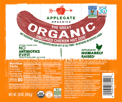 A healthy chicken option: Applegate Organics Great Organic Uncured Chicken Hot Dog