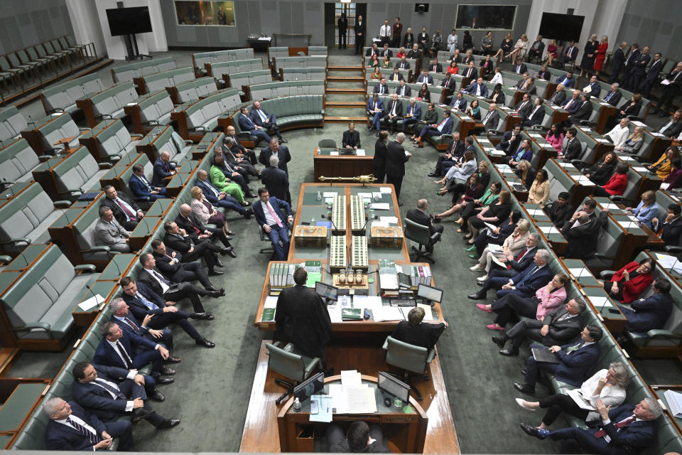 Members of the Australia's Parliament vote Wednesday for a referendum to be held this year on creating an Indigenous Voice to Parliament, an advocate aiming to give the nation's most disadvantaged ethnic minority more say on government policy in Canberra, Wednesday, May 31, 2023. (Mick Tsikas/AAP Image via AP)