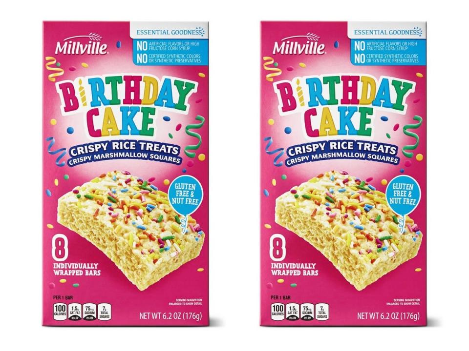 Aldi photos of pink box of birthday-cake crispy-rice treats against white background