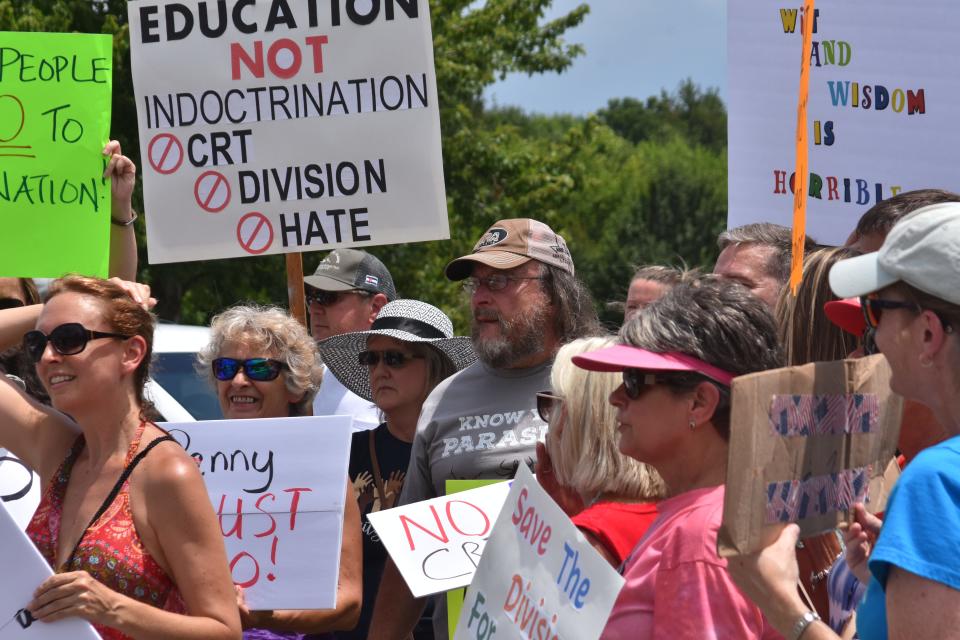 Parents protest Critical Race Theory at Benny Bills Elementary School during the Tennessee Department of Education's 2021 Accelerating TN Tour.