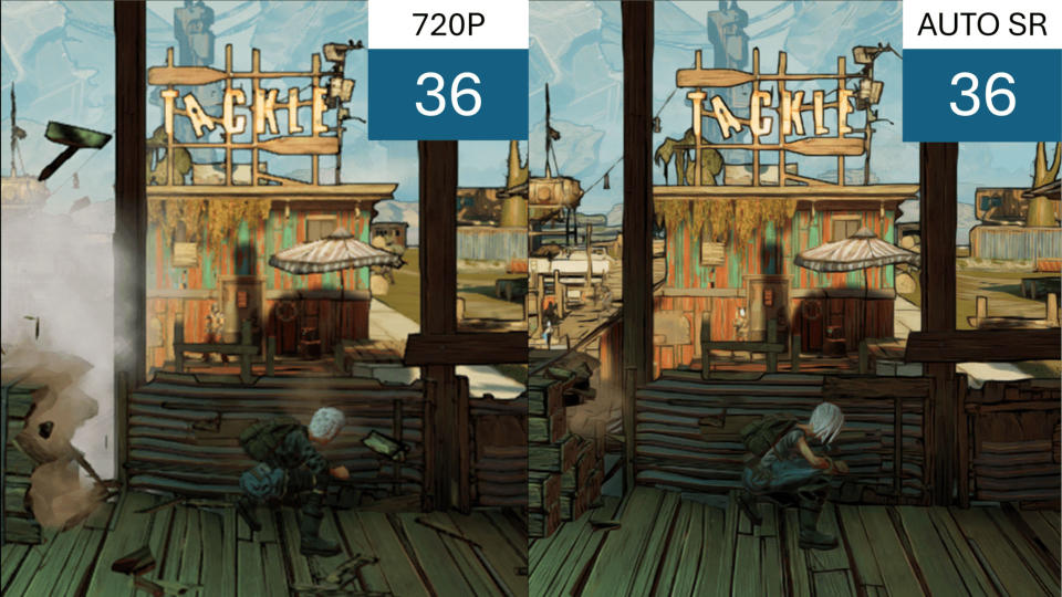 Comparison screenshots showing the difference between Borderlands 3's native rendering and use of Microsoft Automatic Super Resolution