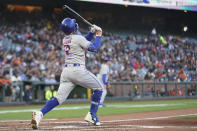 New York Mets' Francisco Lindor watches his two-run double against the San Francisco Giants during the third inning of a baseball game in San Francisco, Monday, May 23, 2022. (AP Photo/Jeff Chiu)