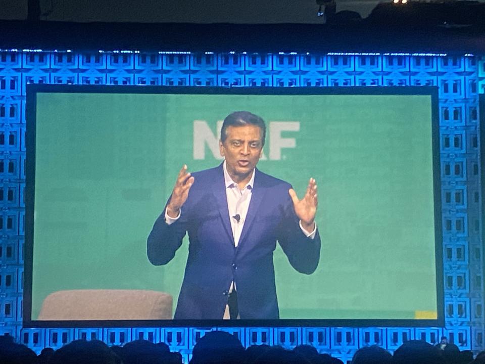 FedEx CEO Raj Subramaniam, speaking at the 2024 NRF Big Show.