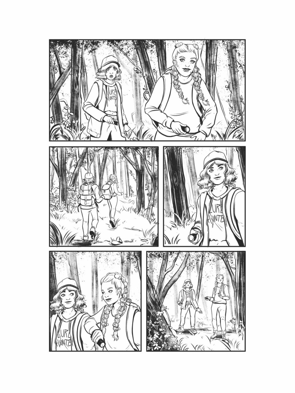 An inked page from Goosebumps Secrets of the Swamp shows two kids exploring a swamp
