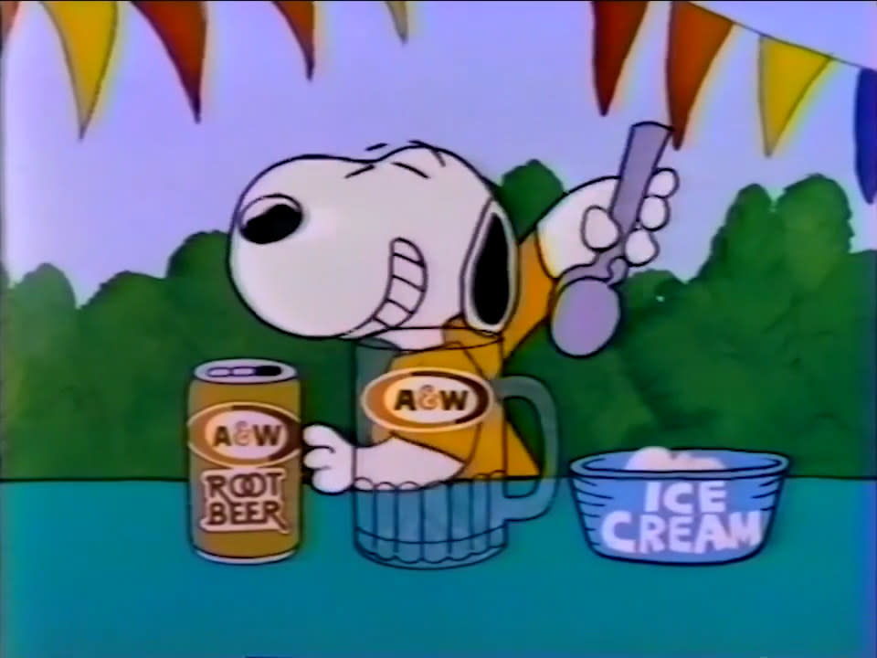 snoopy from "peanuts" with a&w root beer for commercial