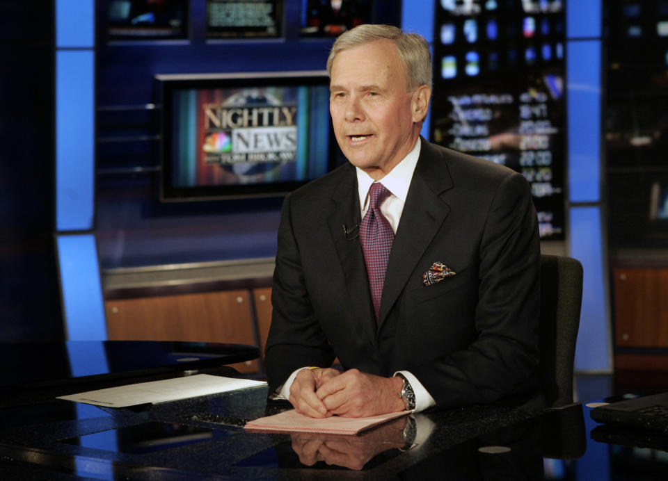 FILE - "NBC Nightly News" anchor Tom Brokaw delivers his closing remarks during his final broadcast, in New York on Dec. 1, 2004. Brokaw says he is retiring from NBC News after working at the network for 55 years. The author of "The Greatest Generation" is now 80 years old and his television appearances have been limited in recent years as he fought cancer. He says he will continue writing books and articles. (AP Photo/Richard Drew, File)