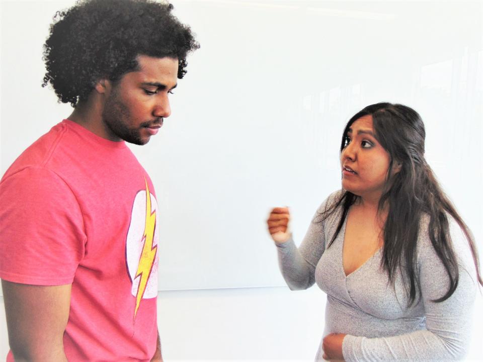 Zachery Franklin (Rennie), left, and Vianey Rodriquez (Alana) in the play “Fragile,” part of Mine 4 God Productions’ 10th Annual Columbus Black Theatre Festival.