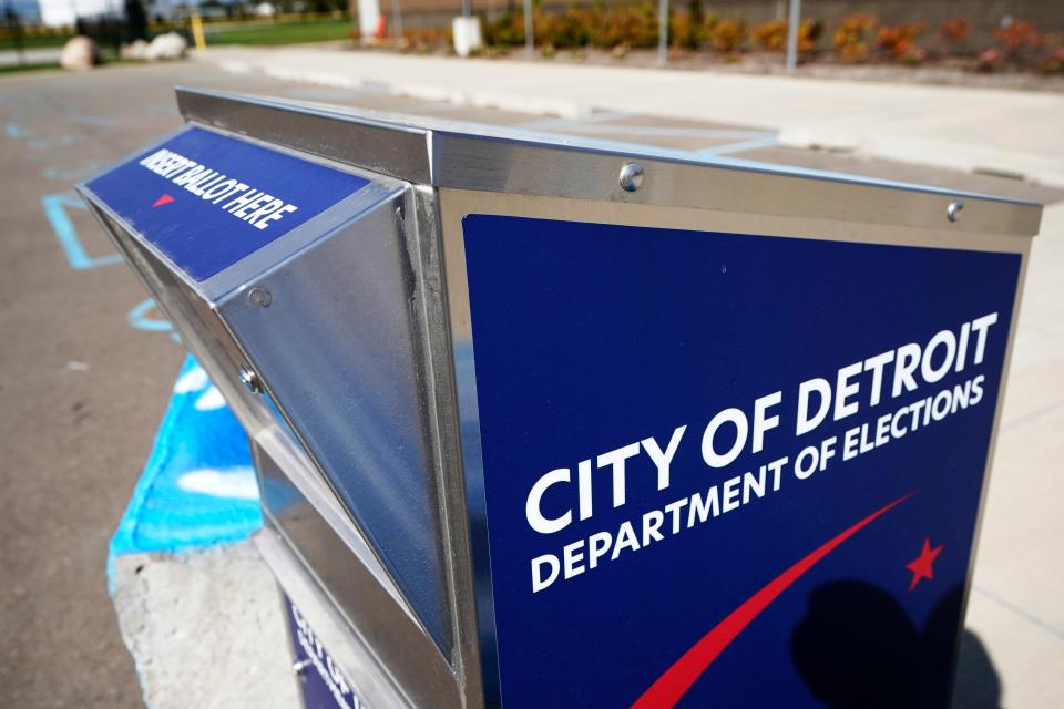 A ballot drop box is shown where voters can drop off absentee ballots instead of using the mail in, Friday, Oct. 16, 2020, in Detroit.