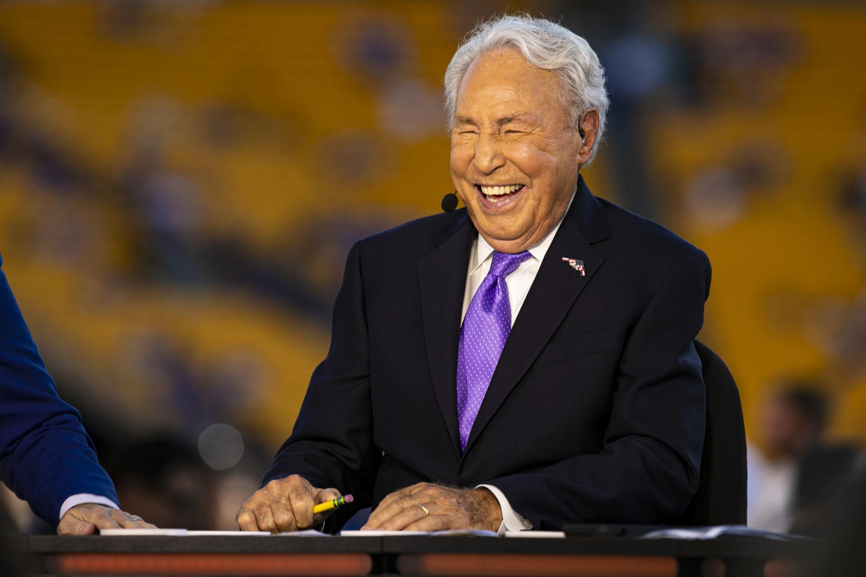 PITTSBURGH, PA - SEPTEMBER 01: ESPN College Gameday analyst Lee Corso looks on during the college football game between the West Virginia Mountaineers and the Pittsburgh Panthers on September 01, 2022 at Acrisure Stadium in Pittsburgh, PA. (Photo by Mark Alberti/Icon Sportswire via Getty Images)