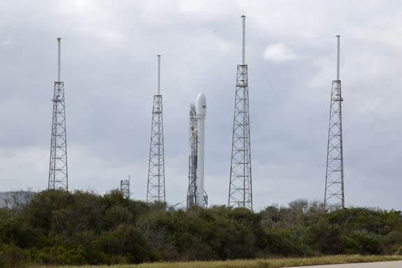 SpaceX's Falcon 9 rocket standing on the launch pad at Florida's Cape Canaveral Air Force Station on Nov. 25, 2013. The rocket will deliver the SES-8 satellite to a geosynchronous transfer orbit 80,000 km from Earth.