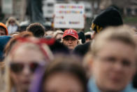 <p>A demonstrator wears a “55 Strong” hat during a rally outside the West Virginia Capitol in Charleston, W.Va., on Friday, March 2, 2018. (Photo: Scott Heins/Bloomberg via Getty Images) </p>