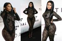 <p><strong>Quand : 15 octobre 2016 </strong><br> La rappeuse a choisi cette combinaison moulante en dentelle transparente à l’occasion du concert Tidal X 1015 à New York. Il faut reconnaître qu’elle a <em>bel et bien</em> tenté de recouvrir certaines zones de son corps avec des cache-tétons noirs. <em>(Photos : Getty)</em> </p>