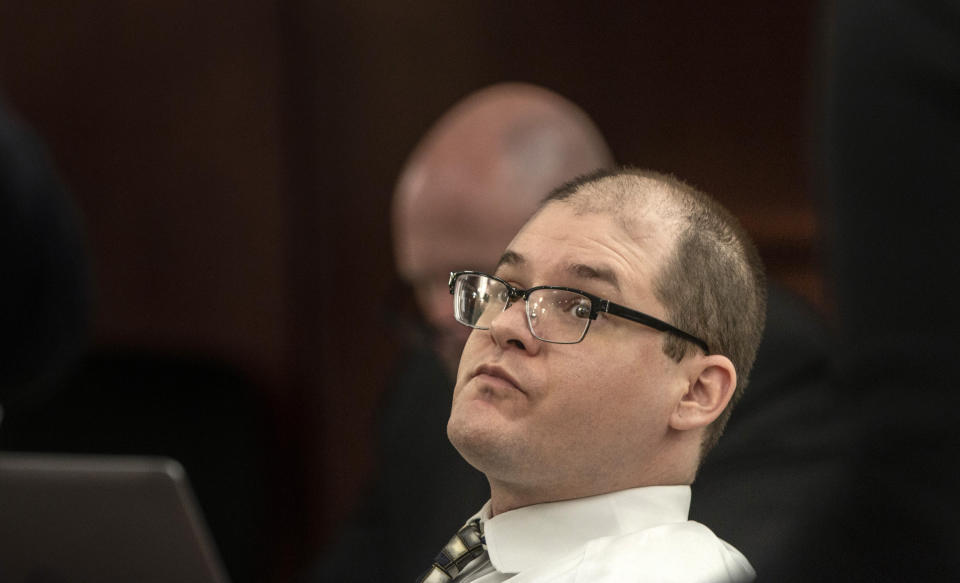 CORRECTS TOWN TO COLUMBIA NOT LEXINGTON - Tim Jones looks around the courtroom during his trial in Columbia, S.C., Monday, May 20, 2019. Timothy Jones, Jr. is accused of killing his 5 young children in 2014. Jones, who faces the death penalty, has pleaded not guilty by reason of insanity. (Tracy Glantz/The State via AP)