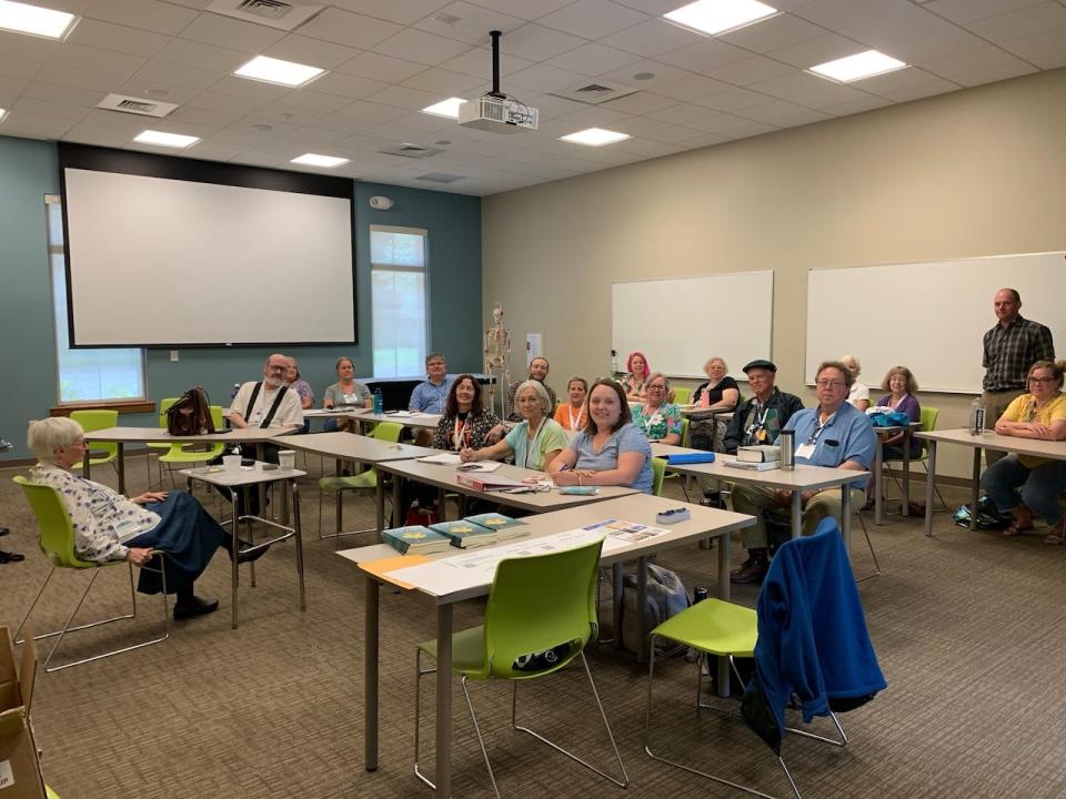 A class attends Catriona Parsons Gaelic class at the Grandfather Mountain Gaelic Song & Language Week in 2023 at the Lees-McRae College in Banner Elk, North Carolina. 