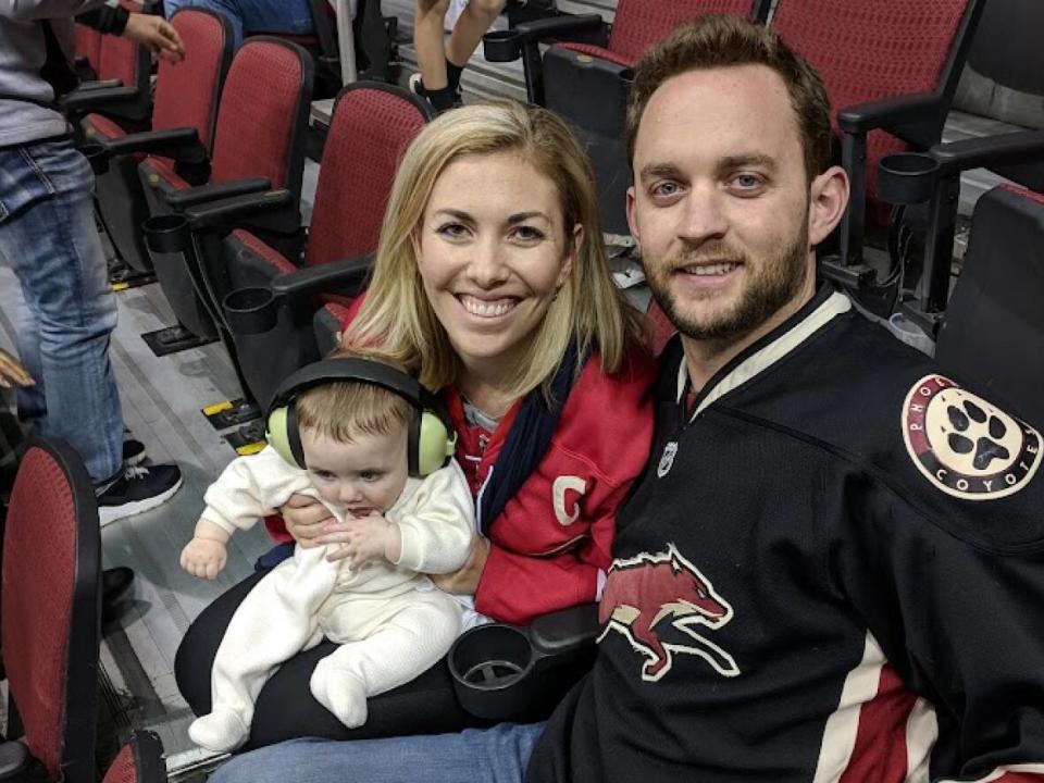 Greg Dunaway, his wife Alleson and son Aidan (now six) have been Coyotes season-ticket holders since the team moved to Phoenix in 1996. He is devastated with the team relocating to Utah. (Submitted by Greg Dunaway - image credit)