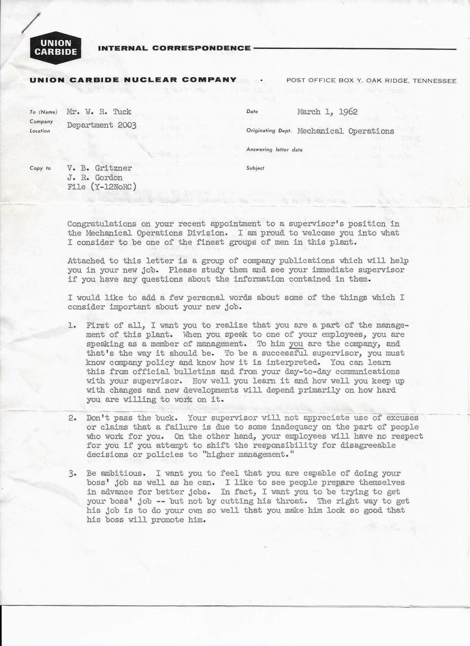 Page one of Jack Case letter to Bob Tuck.