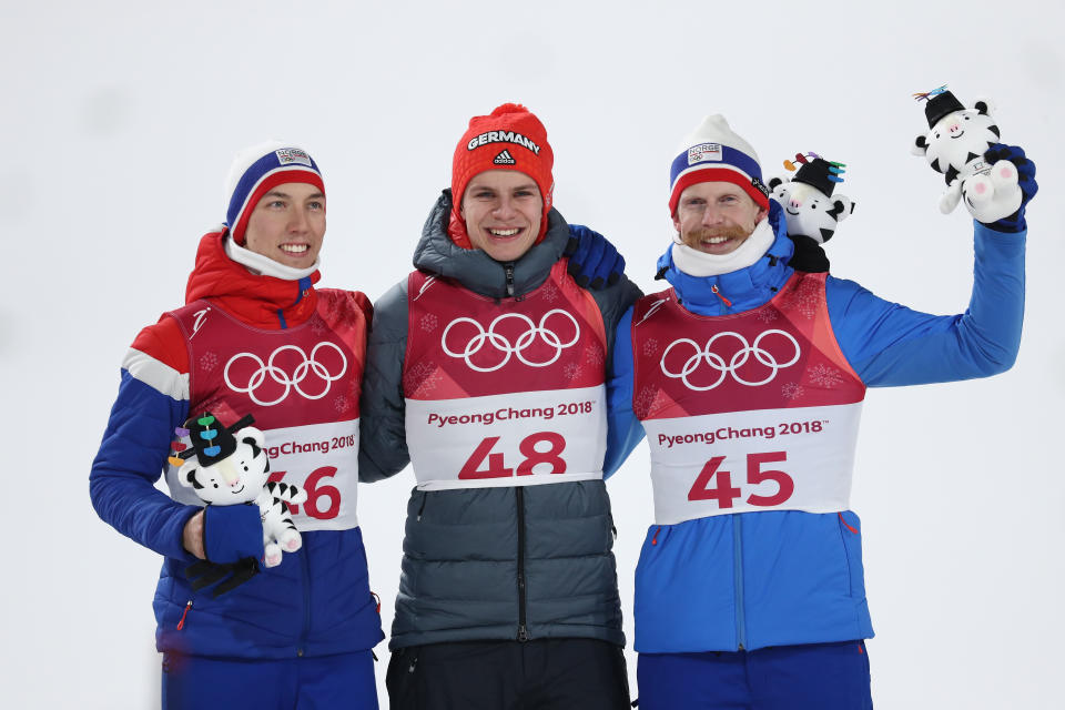 <p>Andreas Wellinger (center) of Germany won gold in the men’s Normal Hill Ski Jumping Final. Andre Forfang of Norway (left) won the silver while gold medalist while Norwegian teammate Robert Johansson brought home bronze. </p>