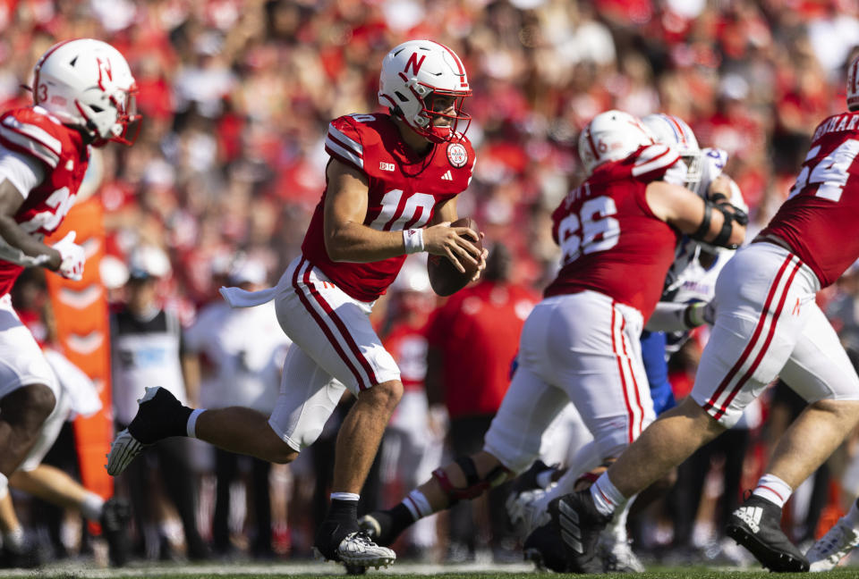 Nebraska quarterback Heinrich Haarberg (10) carries the ball against Louisiana Tech during the first half of an NCAA college football game, Saturday, Sept. 23, 2023, in Lincoln, Neb. (AP Photo/Rebecca S. Gratz)