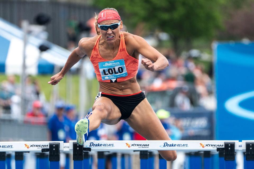 Lolo Jones competes in the World Athletic Continental Tour 100 meter hurdle race during the Drake Relays at Drake Stadium on Saturday.