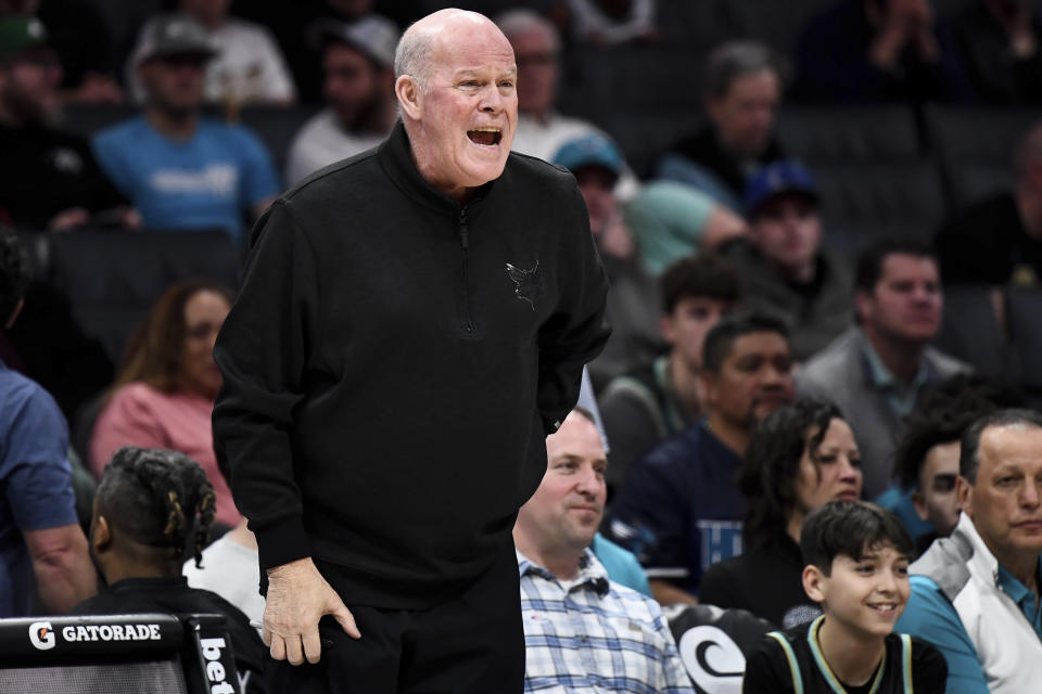 Charlotte Hornets head coach Steve Clifford reacts during the first half of an NBA basketball game against the Orlando Magic, Tuesday, March 5, 2024, in Charlotte, N.C. (AP Photo/Matt Kelley)