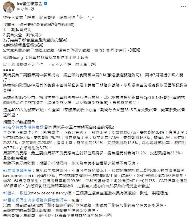 ICU醫師陳志金在臉書發文（圖／翻攝自ICU醫師陳志金臉書）