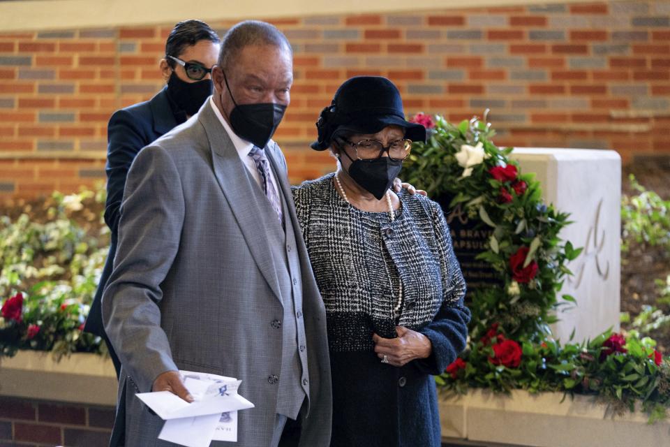 Billye Aaron arrives for "A Celebration of Henry Louis Aaron," a memorial service celebrating the life and enduring legacy of the late Hall of Famer and American icon, on Tuesday, Jan. 26, 2021, at Truist Park in Atlanta. (Kevin D. Liles/Atlanta Braves via AP Pool)