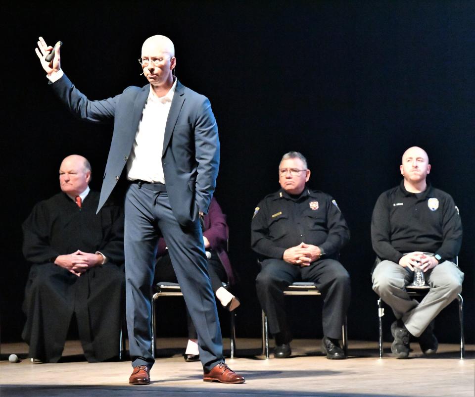 Houston Forensic Science Center, Inc., President/CEO Peter Stout, speaks to the students during a Drug Awareness Program for WFISD fifth graders at Memorial Auditorium in downtown on Monday, November 7, 2022.