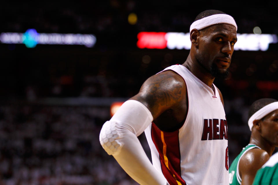 MIAMI, FL - JUNE 05:  LeBron James #6 of the Miami Heat looks on against the Boston Celtics in Game Five of the Eastern Conference Finals in the 2012 NBA Playoffs on June 5, 2012 at American Airlines Arena in Miami, Florida. NOTE TO USER: User expressly acknowledges and agrees that, by downloading and or using this photograph, User is consenting to the terms and conditions of the Getty Images License Agreement.  (Photo by Mike Ehrmann/Getty Images)