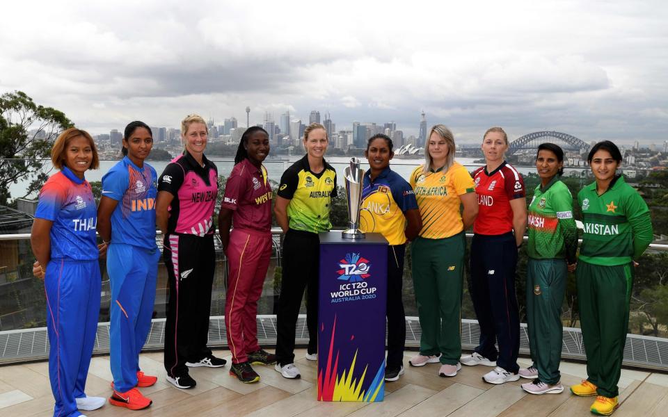  The captains of the competing teams in the Twenty20 women's World Cup in Australia, Thailand's Sornnarin Tippoch, India's Harmanpreet Kaur, New Zealand's Sophie Devine, West Indies's Stafanie Taylor, Australia's Meg Lanning, Sri Lanka's Chamari Atapattu, South Africa's Dane van Niekerk, England's Heather Knight, Bangladesh's Salma Khatun and Pakistan's Bismah Maroof pose with the women's Twenty20 World Cup trophy at Taronga Zoo in Sydney on February 17, 2020, a few days ahead of the start of the competition - Getty Images