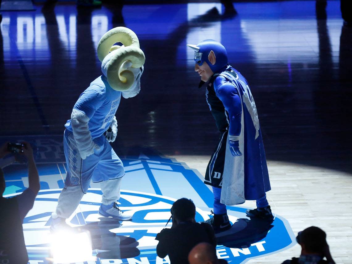 Rameses and the Blue Devil face off before North Carolina’s game against Duke in the semifinals of the New York Life ACC Tournament at the Barclays Center in Brooklyn, N.Y., Friday, March 10, 2017.