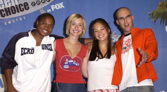 The actress, second from left, is pictured with her co-stars in 2002. Source: Getty