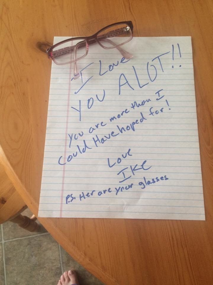 "My boyfriend left this for me when he went to work before I woke up. I'm always losing my glasses then spending the day without them and ending up with a migraine."