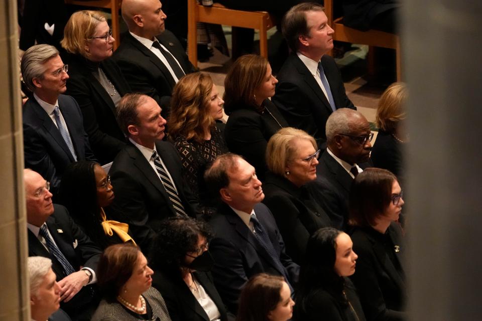 Dec 19, 2023; Washington, DC, USA; Supreme Court justices Ketanji Brown Jackson, Amy Coney Barrett, Neil Gorsuch, Elena Kagan, Sonia Sotomayor, Samuel Alito, and Clarence Thomas attend the funeral service for former US Supreme Court Justice Sandra Day O'Connor at the National Cathedral. Mandatory Credit: Josh Morgan-USA TODAY