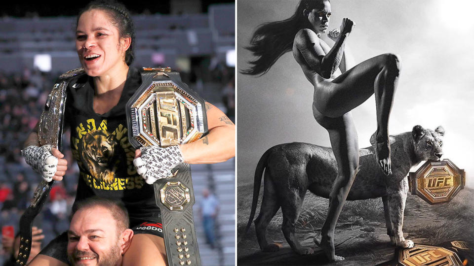 Seen here, Amanda Nunes with her belts and the naked image she posted of herself on Instagram.