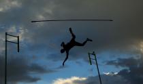 <p>Adam Hague of England knocks the bar as he competes in the Mens Pole Vault during the Melbourne Nitro Athletics Series at Lakeside Stadium </p>