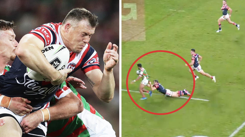 Brett Morris stunned the NRL world with a brilliant double tackle (pictured right) against the Rabbitohs. (Images: Getty Images/Fox Sports)