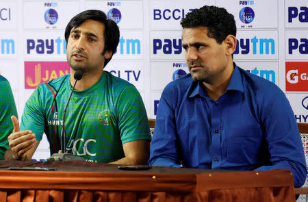 Cricket - India v Afghanistan - Afghanistan Team's Press Conference - Bengaluru, India – June 13, 2018 – Afghanistan's cricket team captain Asghar Stanikzai (L) and Afghanistan's National Team Manager Shir Agha Hamkar address a news conference. REUTERS/Abhishek N. Chinnappa