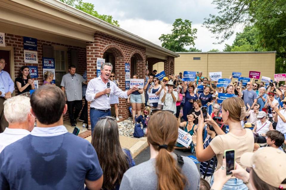 California Gov. Gavin Newsom speaks at a “Save Democracy Rally” in Doylestown, Penn., on Saturday.