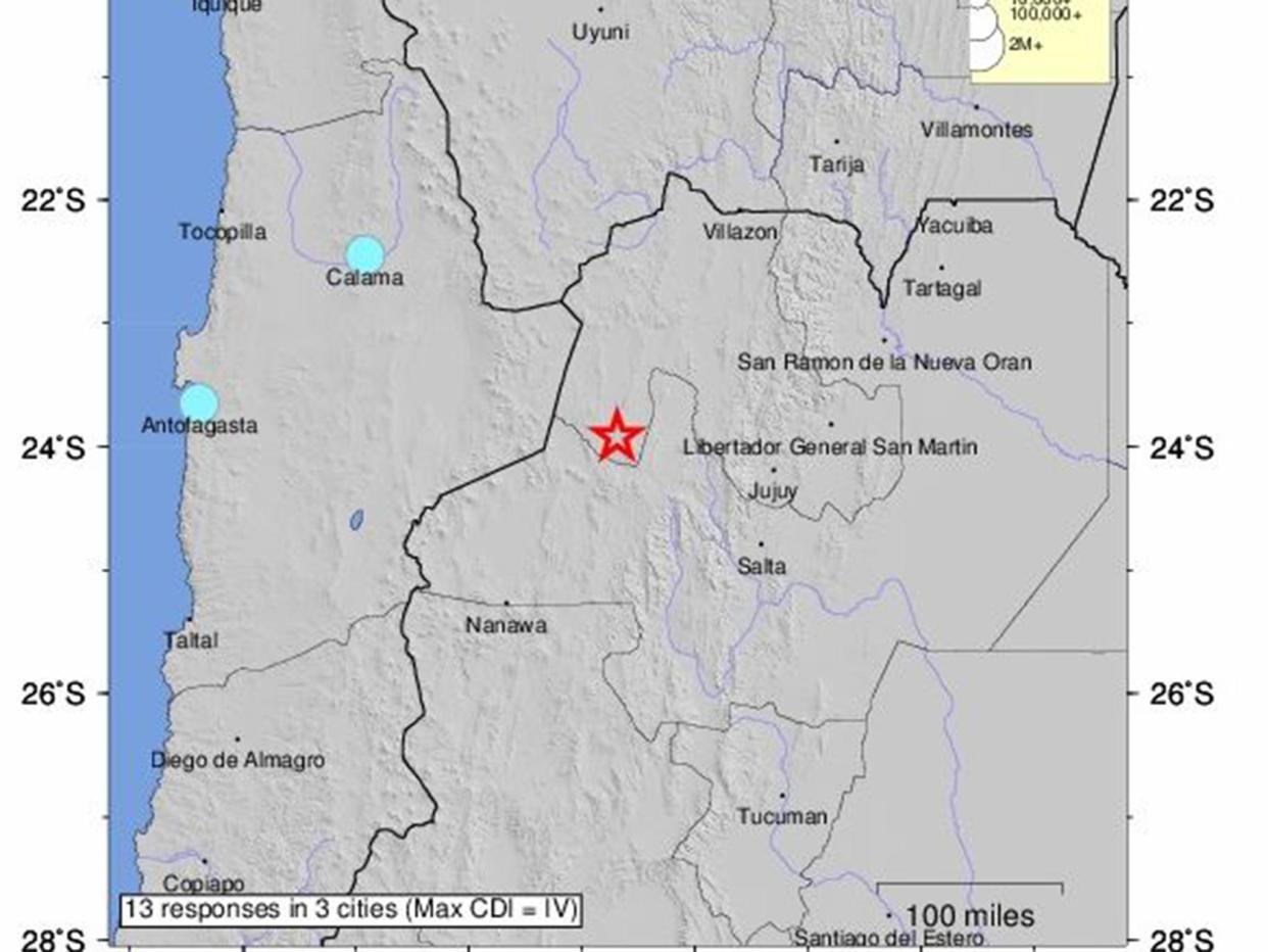 The quake struck in the north west corner of the country near San Antonio de los Cobres: USGS