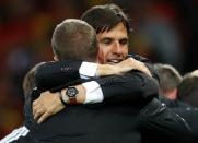 Football Soccer - Wales v Belgium - EURO 2016 - Quarter Final - Stade Pierre-Mauroy, Lille, France - 1/7/16 Wales head coach Chris Coleman celebrate at full time REUTERS/Carl Recine Livepic