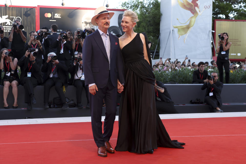 Todd Field, left, and Cate Blanchett pose for photographers upon arrival at the premiere of the film 'The Hanging Sun' during the 79th edition of the Venice Film Festival in Venice, Italy, Saturday, Sept. 10, 2022. (Photo by Joel C Ryan/Invision/AP)