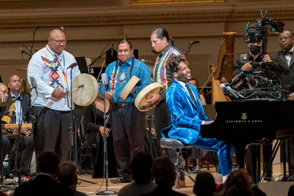 Native American and Latin jazz musician performed during the Jon Batiste (seated at piano) “American Symphony” concert on Sept 22, 2022 at New York City’s Carnegie Hall. Photo credit: Stephanie Berger