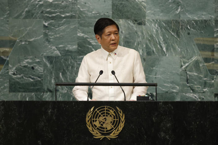 President of the Philippines Ferdinand Marcos Jr. addresses the 77th session of the United Nations General Assembly, at U.N. headquarters, Tuesday, Sept. 20, 2022. (AP Photo/Jason DeCrow)