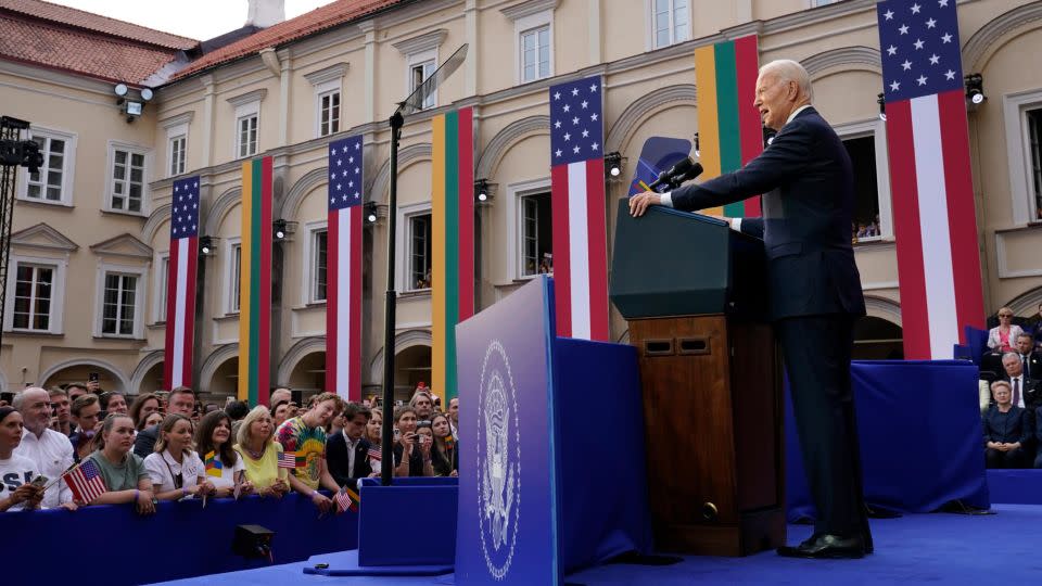 President Joe Biden speaks at Vilnius University in Vilnius, Lithuania, Wednesday, July 12, 2023, after attending the NATO Summit. (AP Photo/Susan Walsh) - Susan Walsh/AP