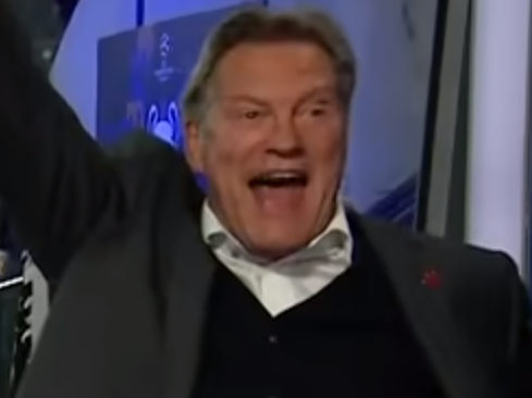 Glenn Hoddle celebrates Spurs winning in Amsterdam (BT Sport)