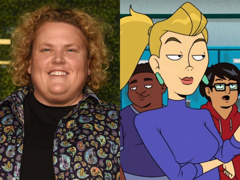 On the left: Fortune Feimster in July 2021. On the right: The character Olive on the animated series “Velma.”