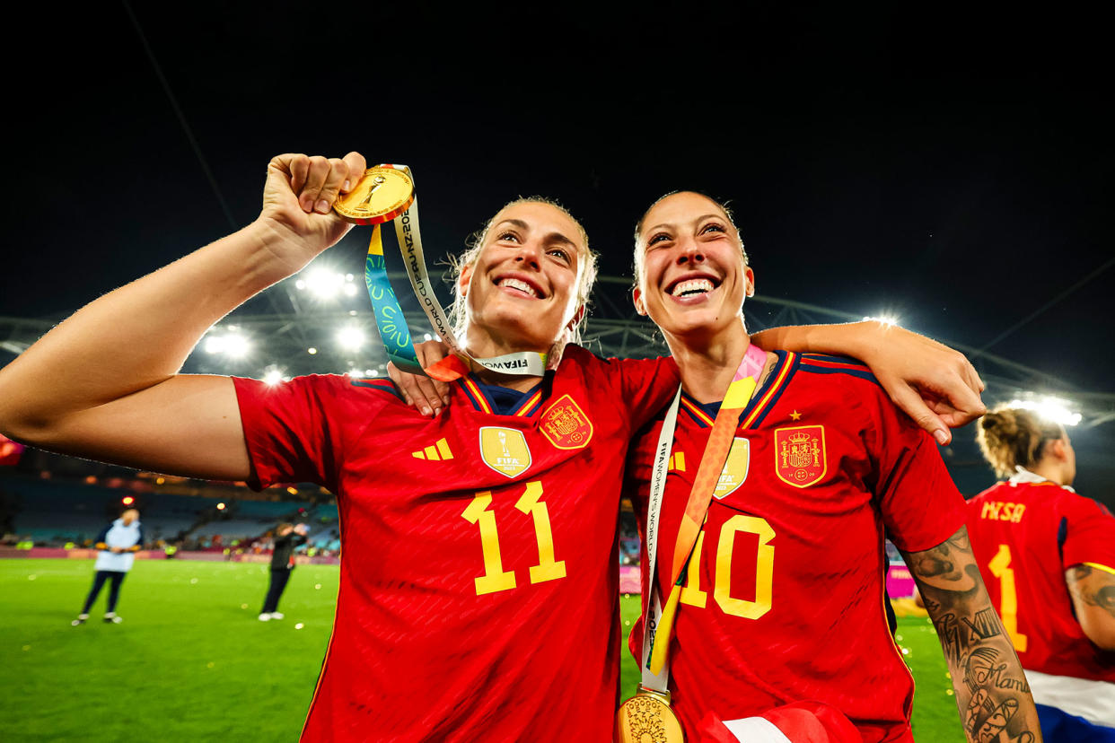 Alexia Putellas of Spain (L) celebrates the World Cup with her teammate Jennifer Hermoso of Spain (R) during the FIFA Women